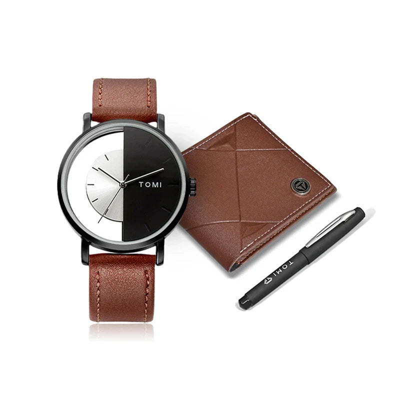 Kit Relógio Masculino Tomi Fleur Marrom com 3 Peças