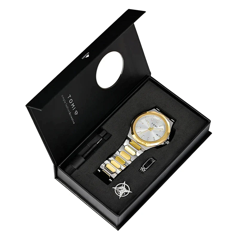 Kit Relógio Masculino Tomi Legacy Dourado e Branco com 4 Peças