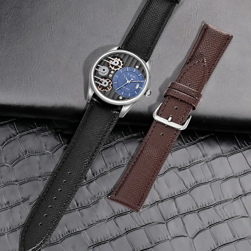 Kit Relógio Masculino Tomi Spark Marrom e Prata com 2 Pulseiras