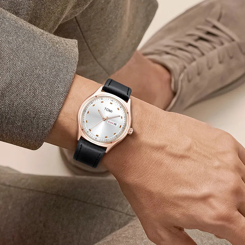 Relógio Minimalista Masculino Tomi Cronos Branco e Rose
